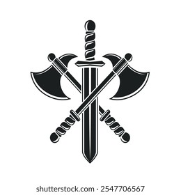 design de logotipo de etiqueta de eixo e espada viking