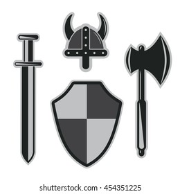 viking sword, helmet, shield armor set abstract vector illustration