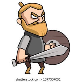 Viking with sword and shield isolated on white background. The character is a man for the game. All elements are separated.

