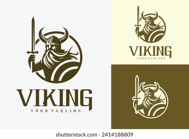 viking with sword and shield logo design vector illustration