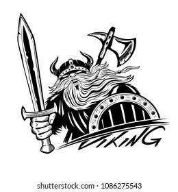 Viking with sword and shield on white background.