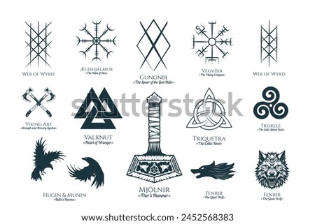 Viking symbols isolated set. Hand drawn collection of scandinavian pagan norse sign vegvisir, fenrir, Thor's Hammer, etc. Magic warrior vector illustration for t-shirt design, tattoo, print, cards