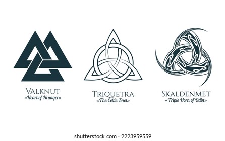 Viking symbols set. Three isolated  icons of pagan norse sign valknut, triquetra and skaldenment. Scandinavian vector illustration for tattoo, print and t-shirt design.