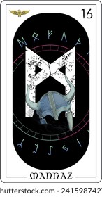 Tarjeta de tarot viking con alfabeto rónico. Letra rúnica llamada Mannaz con casco de cuerno.