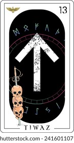 Viking tarot card with runic alphabet. Runic letter called Tiwaz with skulls