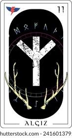 Viking tarot card with runic alphabet.
Design for a t-shirt with the runic lettering called Algiz next to elk horns.