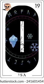 Viking tarot card with runic alphabet.
Runic letter called Isa next to an iceberg and the symbol of ice isolated on black.