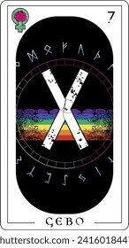 Viking tarot card with runic alphabet.
Runic letter called Gebo next to a rainbow.