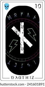 Viking tarot card with runic alphabet.
Runic letter t-shirt called Nauthiz next to the symbol of thunderbolt.