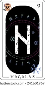 Viking tarot card with runic alphabet.
Runic letter t-shirt called Hagalaz next to the symbol of ice.