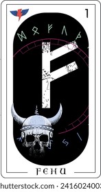 Viking tarot card with runic alphabet.
Runic letter called Fehu next to a Viking skull.