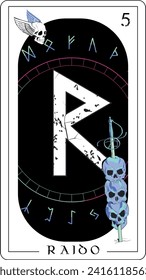 Viking tarot card with runic alphabet. runic letter called Raido together with skulls pierced by a sword.