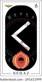 Viking tarot card with runic alphabet.runic letter called Kenaz next to a burning skull