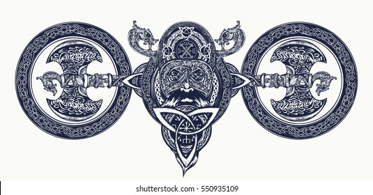 Viking tattoo, Celtic style. North warrior head t-shirt design. Axe, dragons. Scandinavian mythology art print 