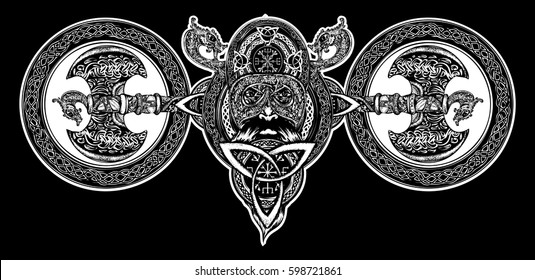 Viking tattoo, Celtic style. North warrior head t-shirt design. Axe, dragons. Scandinavian mythology art print 