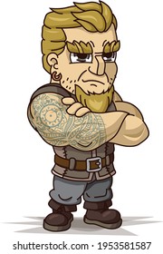 Viking with tattoos stands with folded hands