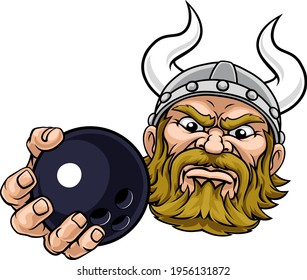 A viking ten pin bowling sports mascot cartoon character holding a ball 