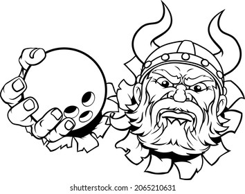 A viking ten pin bowling sports mascot cartoon character holding a ball 