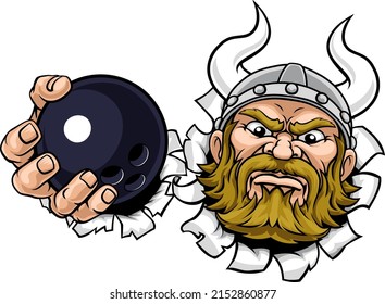 A viking ten pin bowling sports mascot cartoon character holding a ball 