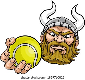 A viking tennis sports mascot cartoon character holding a ball 