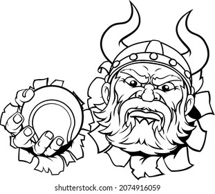 A viking tennis sports mascot cartoon character holding a ball 