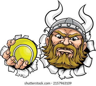 A viking tennis sports mascot cartoon character holding a ball 