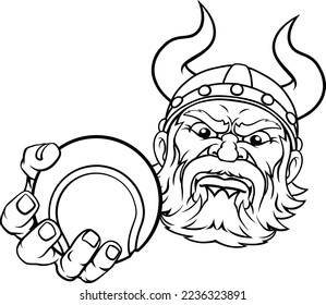 A viking tennis sports mascot cartoon character holding a ball 