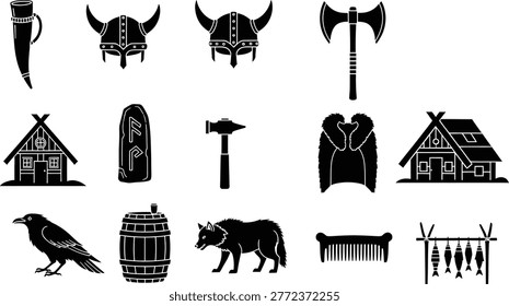 Viking theme silhouette icons set with helmet axe longhouse animal symbols