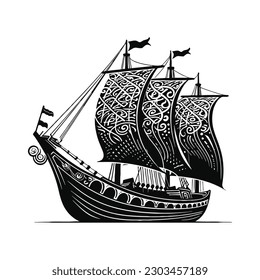  Viking transport ship silhouette, Viking ship isolated in white background, Drakkar sign