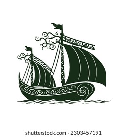  Viking transport ship silhouette, Viking ship isolated in white background, Drakkar sign