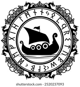 Viking traveler ship protection talisman. Ancient drakkar. Viking ships silhouette set, sails.Viking ship vector logo. White background,
Black vector icon isolated.