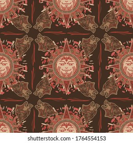 Viking tribal sun and wolf tattoo design for Seamless pattern vector with red brown urban color tone background 