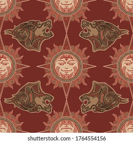 Viking tribal sun and wolf tattoo design for Seamless pattern vector with red brown urban color tone background 
