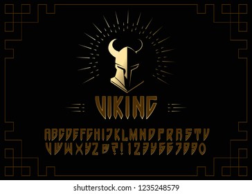 Viking typeface.Light print on Black background. Celtic or runic typeface with uppercase letters, numbers and additional symbols. Font perfect for headers, games or metal albums.