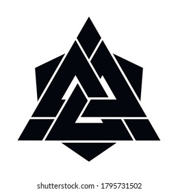 Viking Valknut sign symblol icon black color. Interwoven triangles. Vector illustration. Logo, tattoo, amulet. Scandinavian mythology. Odin Symbol, Trinity.