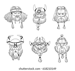 Viking, varangian, warriors head set. Hand drawn black and white portraits collection.