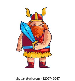 Viking vector cartoon character. Hand drawn viking with sword, beard, helmet and horns. Medieval scandinavian barbarian. Video, computer game isolated flat character. Color illustration