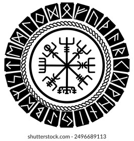 
Viking Vegvisir Futhark symbol. Magical rune that aims to guide people during a day of bad weather. Navigator compass.
Protective runic talisman for travelers. Vector isolated on white background.