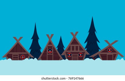 Viking Village in winter. Flat design. Vector illustration