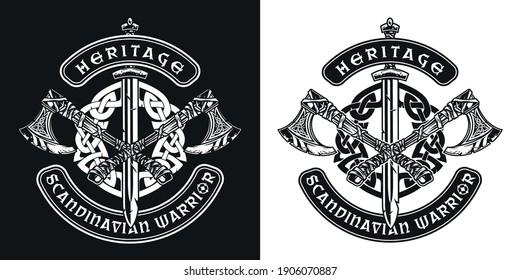 Viking vintage badge with scandinavian warrior crossed battle axes sword and celtic medieval ornament isolated vector illustration