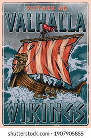 Viking vintage colorful poster with medieval scandinavian drakkar ship sailing on stormy sea vector illustration