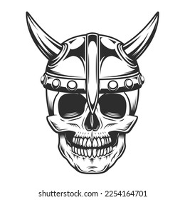 Viking vintage emblem with serious medieval nordic warrior in horned helmet isolated vector illustration