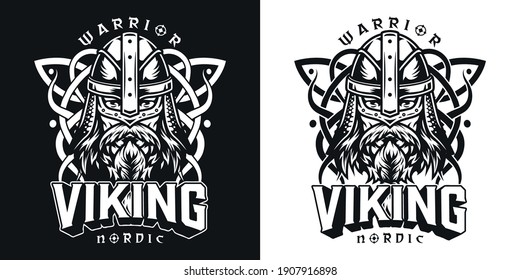 Viking vintage monochrome label with letterings medieval celtic ornament bearded and mustached nordic warrior head in helmet isolated vector illustration