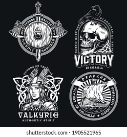 Viking vintage monochrome labels with axes sword shield drakkar ship beautiful valkyrie crow sitting on skull isolated vector illustration