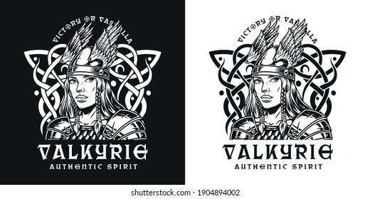 Viking vintage monochrome print with beautiful medieval nordic warrior woman in metal armor and winged helmet on dark and light backgrounds isolated vector illustration