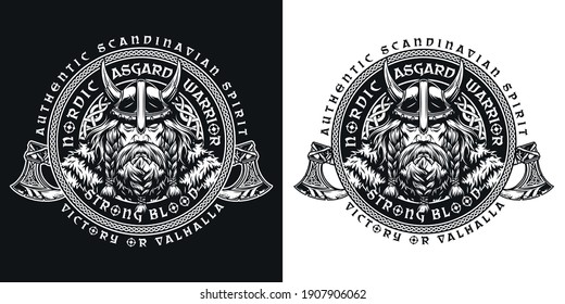 Viking vintage round emblem with serious medieval nordic warrior in horned helmet and battle axes isolated vector illustration