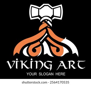 Viking war armor design. The Weapons of the Scandinavian God Thor, Viking hammer, vector illustration with black background.