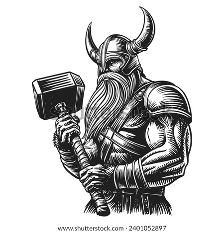 Viking with War Hammer, Medieval Warrior ,vector Illustration.