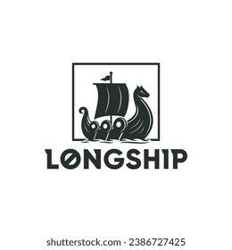 Viking War Ship Drakkar, Ancient Nordic Longship Battle Boat  Silhouette Illustration Logo Design