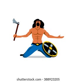 Viking warrior with ax and shield. Scandinavia norseman symbol. Vector Cartoon Illustration. The end of the battle. Branding Identity Corporate Logo isolated on a white background